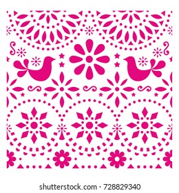 Mexican folk art vector pattern with birds and flowers, pink fiesta greeting card design inspired by traditional art form Mexico 
 