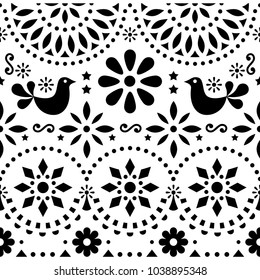 Mexican folk art vector seamless pattern with birds and flowers, black and white fiesta design inspired by traditional art form Mexico.

Flowers and abstract shapes, monochrome retro background or gre