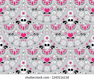 Mexican folk art vector seamless pattern with skulls, flowers and abstract shapes, pink, white and gray textile design inspired by traditional art form Mexico. 