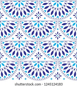 Mexican folk art vector seamless geometric pattern with flowers, blue fiesta design inspired by traditional art form Mexico. Repetitive floral background, textile or wallpaper decor on white