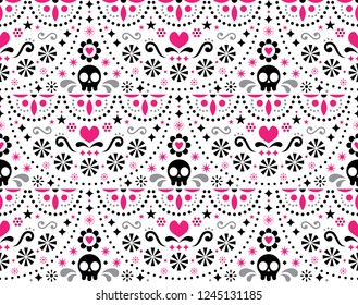 Mexican folk art vector seamless pattern with skulls, Halloween decor, flowers and abstract shapes, pink, white and gray textile design.

