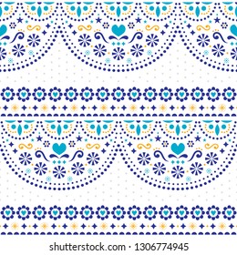 
Mexican folk art vector seamless pattern with flowers and geometric shapes, repetitive textile design. Festive background inspired by traditional art form Mexico, floral ornament