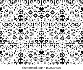 Mexican folk art vector seamless pattern with skulls, Halloween decor, flowers and abstract shapes, black and white textile design 
  
Repetitive monochrome sugar skull background 