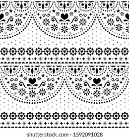 Mexican folk art vector seamless pattern with flowers and geometric shapes, monochrome repetitive textile design. Festive background inspired by traditional art form Mexico, floral ornament in black 