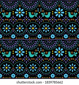 Mexican folk art vector seamless geometric pattern with flowers, fiesta design inspired by traditional art form Mexico in green and blue on black background. Repetitive floral background, textile