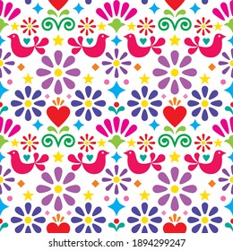 Mexican folk art vector seamless pattern, colorful textile of fabric print design with flowers, birds and hearts. Traditional retro ornament inspired by art from Mexico