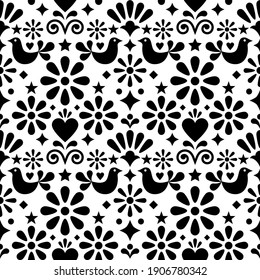 Mexican folk art vector seamless pattern, black and white textile of fabric print design with flowers, birds and hearts.  
Traditional monochrome retro ornament inspired by art from Mexico