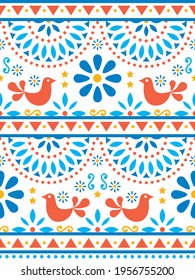 Mexican folk art vector seamless pattern with birds and flowers, textile or fabric print design inspired by traditional art form Mexico. Flowers, animals and abstract shapes repetitive ornament 