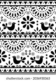 Vector de arte folclórico mexicano con un patrón sin fisuras con aves y flores en blanco y negro, diseño de impresión textil o de tela inspirado en el arte tradicional de México. Flores, animales y formas abstractas