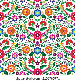 Mexican folk art vector seamless pattern with flowers, textile or fabric print design inspired by traditional embroidery ornaments from Mexico. Nature colorful and vibrant wallpaper