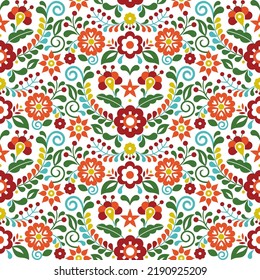 Mexican folk art vector seamless pattern with flowers, textile or fabric print design inspired by traditional embroidery ornaments from Mexico. Nature colorful and vibrant wallpaper, floral repetitive