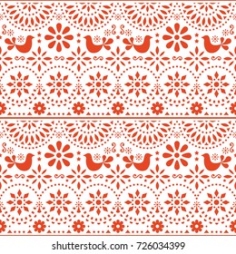 Mexican folk art vector seamless pattern with birds and flowers, red fiesta design inspired by traditional art form Mexico 
 