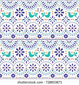 Mexican Folk Art Vector Seamless Pattern With Birds And Flowers, Colorful Fiesta Design Inspired By Traditional Art Form Mexico 
