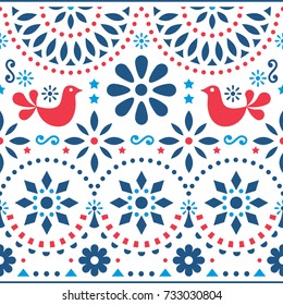 mexikanische Volkskunst Vektor nahtloses Muster mit Vögeln und Blumen, rote und blaue Fiesta-Design inspiriert von traditioneller Kunst aus Mexiko 
Blumen und abstrakte Formen, Hintergrund oder Grußkarte