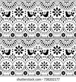 Mexican folk art vector seamless pattern with birds and flowers, black and white fiesta design inspired by traditional art form Mexico 
