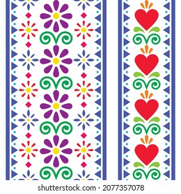 Mexican folk art vector two seamless pattern with flowers and hearts, textile or fabric print design inspired by traditional art form Mexico. Floral ornament with geometric shapes repetitive ornament