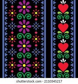 Mexican folk art vector two seamless pattern with flowers and hearts, textile or fabric print design inspired by traditional art form Mexico on black background. Floral ornament with geometric shapes 