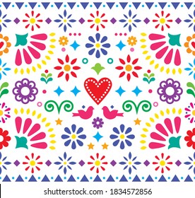 Mexican folk art vibrant seamless vector pattern, colorful design with flowers and birds inspired by traditional ornaments from Mexico. 
Happy repetitive floral background with swirls