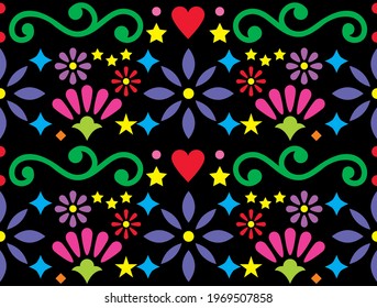 Mexican folk art vibrant seamless vector pattern, colorful design with flowers and swirls inspired by traditional ornaments from Mexico on black background. Happy repetitive floral background 