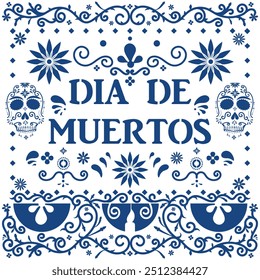 Mexican Folk Ceramic Tile in Talavera Poblana Style with Day of the Dead Theme and Skull and Flower Motifs. Talavera Poblana Design Inspired by Day of the Dead with Skulls and Floral Motifs. 