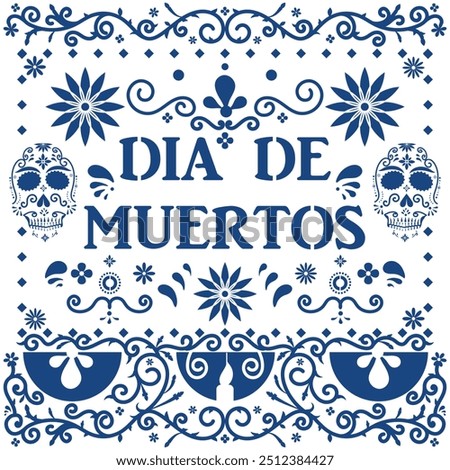 Mexican Folk Ceramic Tile in Talavera Poblana Style with Day of the Dead Theme and Skull and Flower Motifs. Talavera Poblana Design Inspired by Day of the Dead with Skulls and Floral Motifs. 