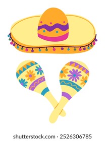 Mexican Folk clipart with sombrero and maracas in bright color. Dia de los Muertos holiday illustration isolated on white background