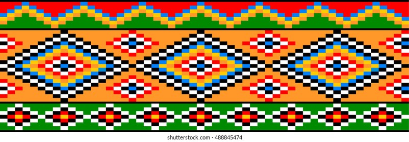 Mexican Folk Colorful Seamless Border In Red, Green And Orange Colors