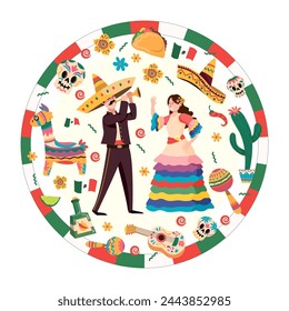 Mexican folk dance vector illustration. Mexican culture concept. Male and female dancers in traditional costumes in sombreros and with maracas. Traditional Mexican symbols on background