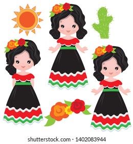 Mexican folk dancer girl vector cartoon illustration