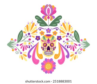 Mexican Folk floral mirrored composition with fantasy flowers and leaves and decorated skull in bright color. Dia de los Muertos holiday illustration isolated on white background