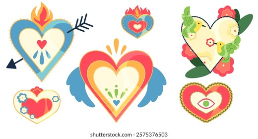 Mexican folk heart set with ornate details, birds and arrows. Sacred symbolic collection decorated by flame, wings and flower. Traditional spiritual motifs for holiday cards, ethnic or romantic design