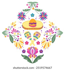 O Folk mexicano espelhou a composição com flores de fantasia e folhas e decorou maracas com sombrero em cor brilhante. Dia de los Muertos ilustração feriado isolado no fundo branco