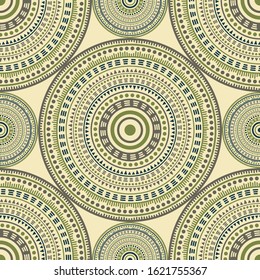 Mexican folk motifs seamless pattern. Round medallion mandala geometric tiles. Fabric print template. Fashion or interior pattern. Floral geometric circular seamless ornament.