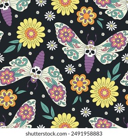 Mexican folk night butterfly vector seamless pattern. Day of the dead background