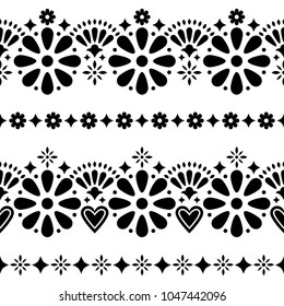 Mexican folk seamless vector background - black and white long designs with flowers.

Folk art pattern decor inspired by traditional art form Mexico on white background