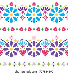 Mexican folk seamless vector background - colorful long designs with flowers 
Folk art pattern decor inspired by traditional art form Mexico on white background
  