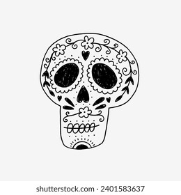 Mexican Folk Skull with Flower. Minimal Hand Drawn Line Graphic. Modern Stylized Vector Illustration