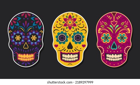 Mexican Folk Sugar Skulls. Dia De Los Muertos Stickers.