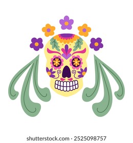 Mexicano Folk simetria clipart com flores de fantasia e condecorou crânio de açúcar em cor brilhante. Dia de los Muertos ilustração feriado isolado no fundo branco