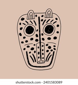 Mexican Folk Tiger Mask. Minimal Hand Drawn Line Graphic. Modern Stylized Vector Illustration