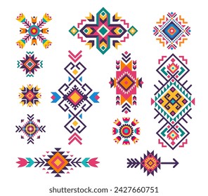 Mexican folk tribal motif patterns and ethnic color ornaments with vector geometric elements. Native american, aztec, navajo and mayan indians patterns, boho motifs, flower, stripe, triangle ornaments