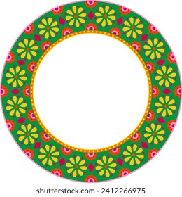 Mexican folk vector round frame, events invitation decoration. Folk art pattern decor on transparent background