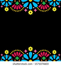 Mexican folk vector wedding or party invitation, greeting card, colorful frame design with blue flowers and abstract shapes on black. Folk art pattern decor inspired by traditional art form Mexico,