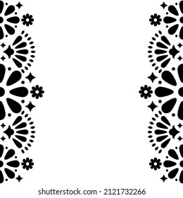 Mexican folk vector wedding or party invitation, greeting card,  black and white frame design with flowers and abstract shapes. Folk art pattern decor inspired by traditional art form Mexico