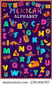 Mexican font, hispanic type, ethnic typeface, cartoon english alphabet. Vector abc letters set. Mexico and latin america typeface, calligraphy font in alebrije style, with bright colors and patterns