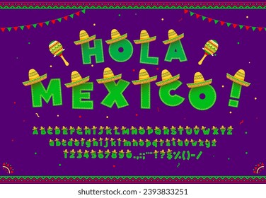 Mexican font, hispanic type with sombrero hat, latin american typeface, holiday alphabet. Alphabet figures and numbers, ABC font typeset vector symbols with Mexican ornament, sombrero hat and maracas