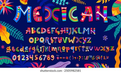 mexikanische Schrift, hispanische Schrift oder Todestag Typ, Vektorgrafik englisches Alphabet. mexikanische Schriftarten oder ABC Typografie für Dia De Los Muertos Feiertagsfiesta mit Totenkopf Skelett Knochen und Blumen