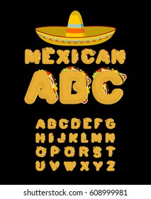 Mexican font. Tacos alphabet. Taco fast food ABC. traditional Mexico meal letter