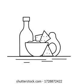 Mexican food. Avocado guacamole with nachos corn chips and spicy sauce. Contour illustration of national cuisine. Vector outline picture for menus, logos, recipes and your design.