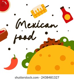 Mexican food background. Flat mexican food illustration background with food icons